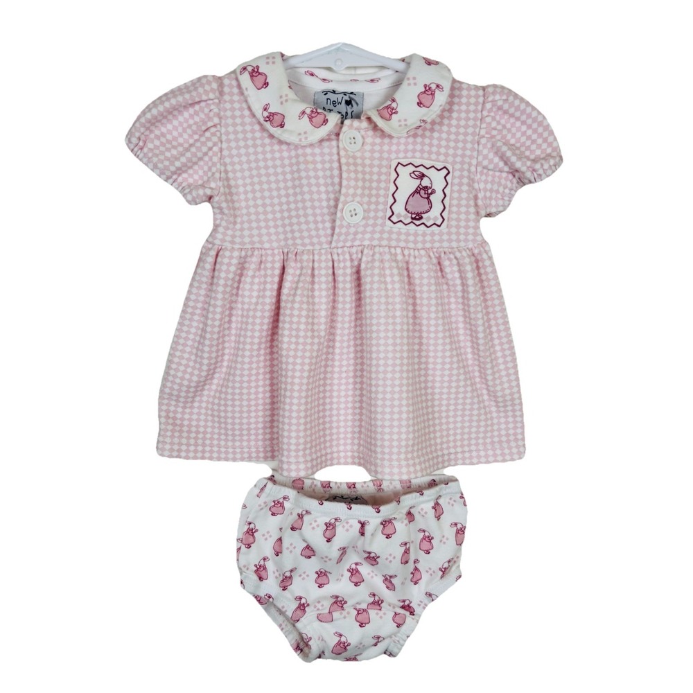 Y2K New Potatoes 6mo Baby 2pc Outfit‎ Dress Bloomers Gingham Pink Bunny Easter